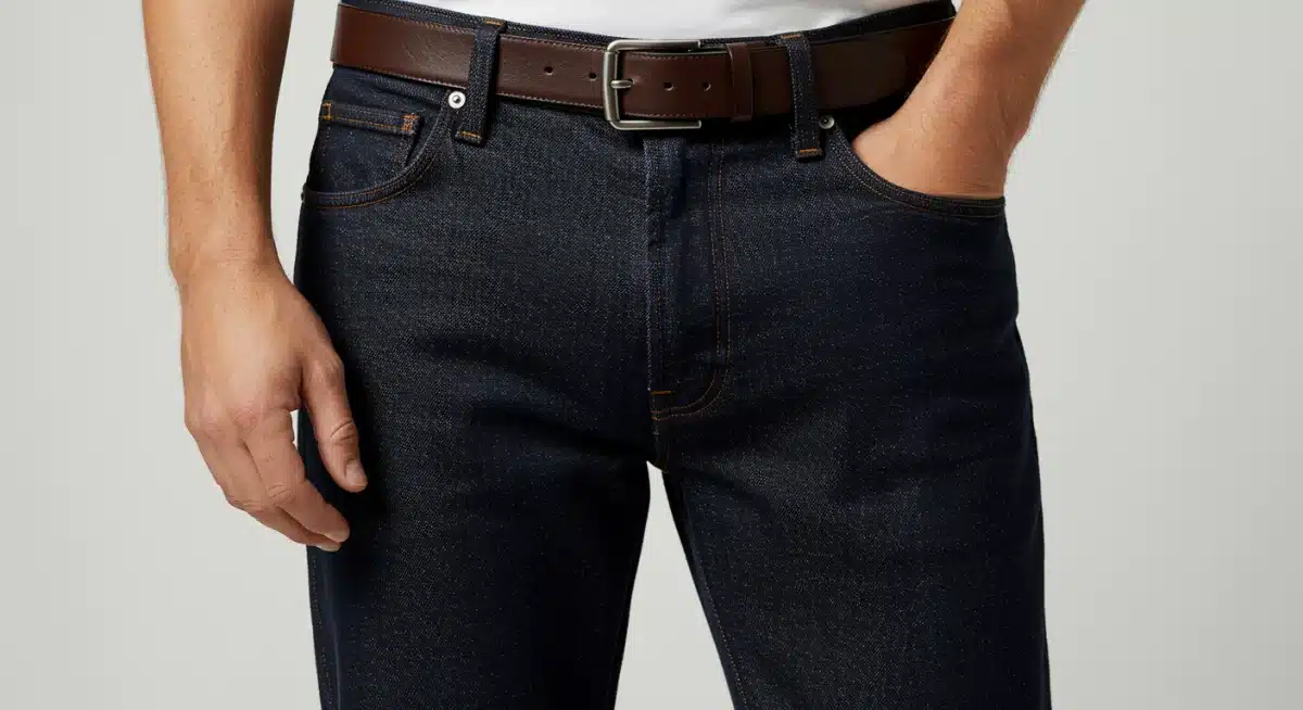 Close-up of classic dark-wash denim jeans styled with a white tee and leather belt