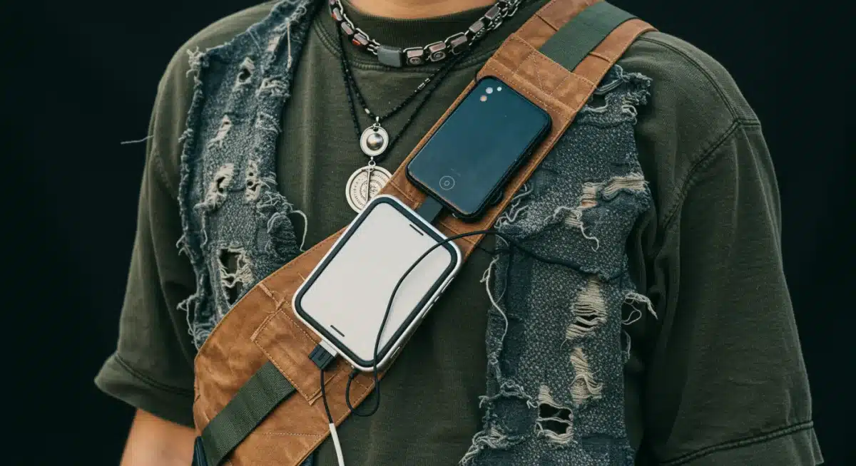 Close-up of Gen Z outfit combining vintage and tech-wear elements.