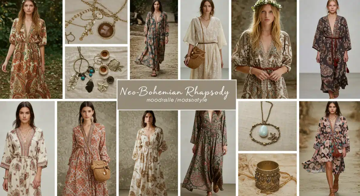 Mood board showcasing neo-bohemian fashion elements with sustainable focus