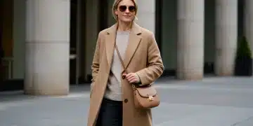 Woman in beige coat embodying quiet luxury in 2026 urban setting