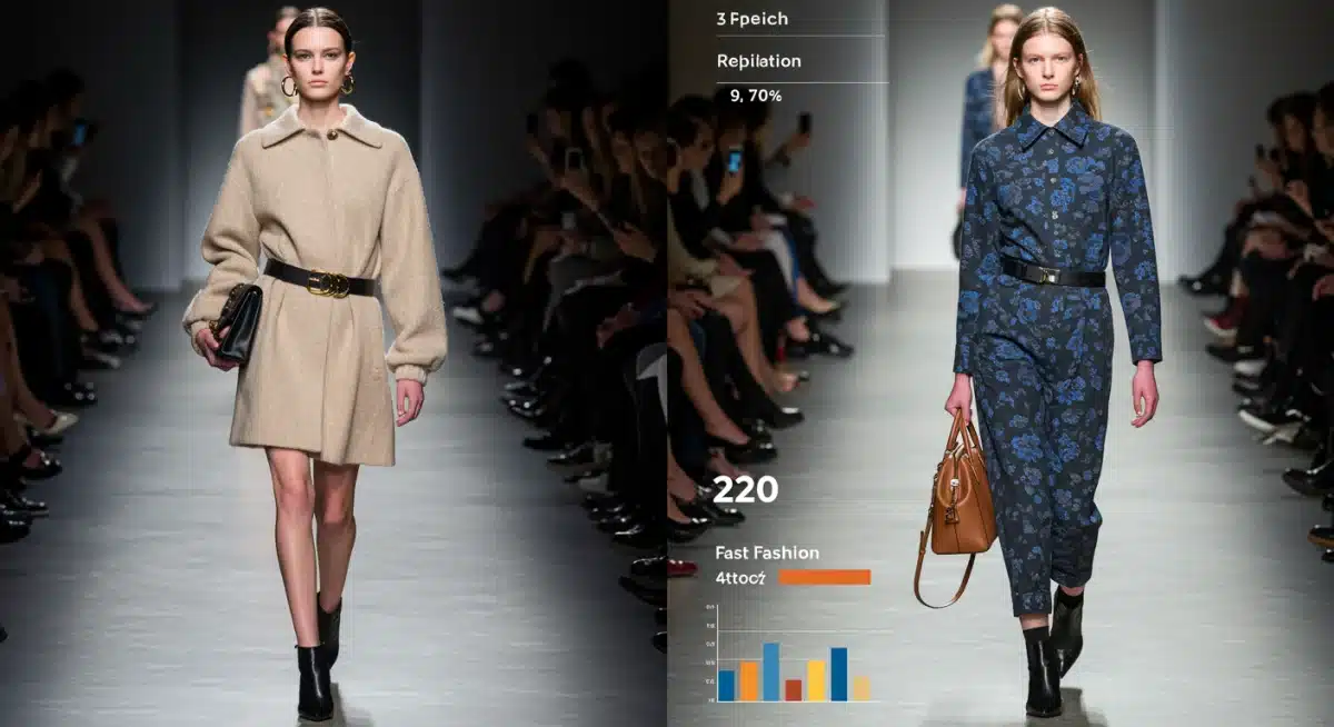 High fashion runway look replicated by fast fashion, showing trend cycle