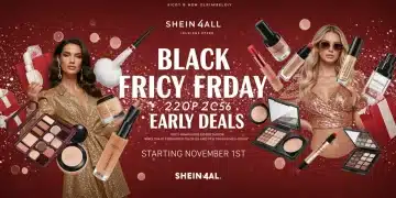 Shein4All Black Friday 2026 early deals banner with stylish models and product highlights.