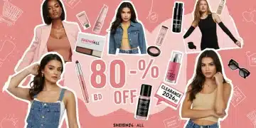 Shein4All 2026 clearance sale banner with diverse discounted fashion and beauty products.