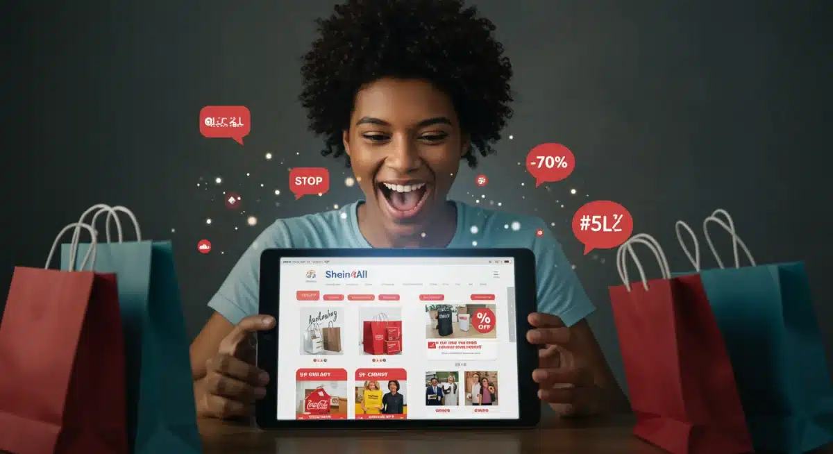 Shopper enthusiastically browsing Shein4All clearance sales on a tablet.