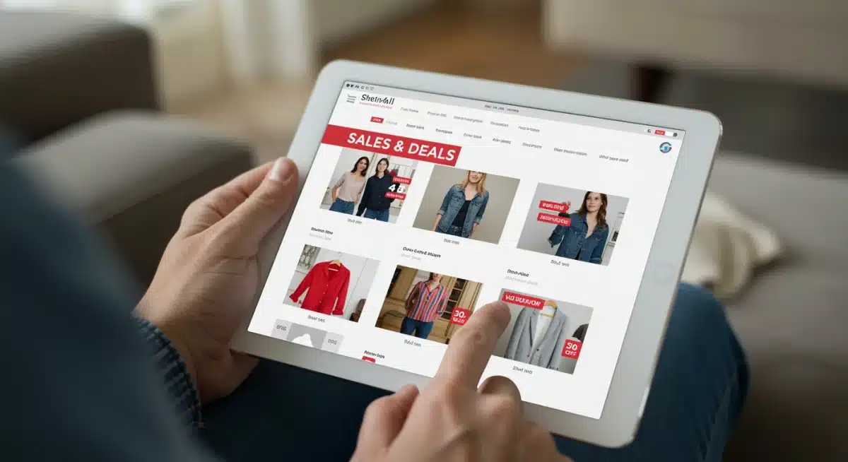 Hands browsing Shein4All sales and deals section on a tablet, focusing on discounted fashion items.