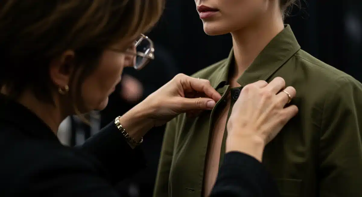 Stylist perfecting a sustainable red-carpet look, demonstrating attention to detail.