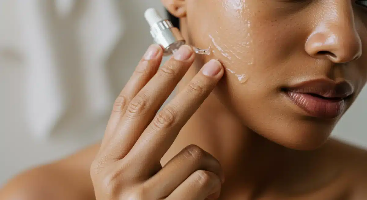Person applying an affordable, effective serum to achieve radiant skin