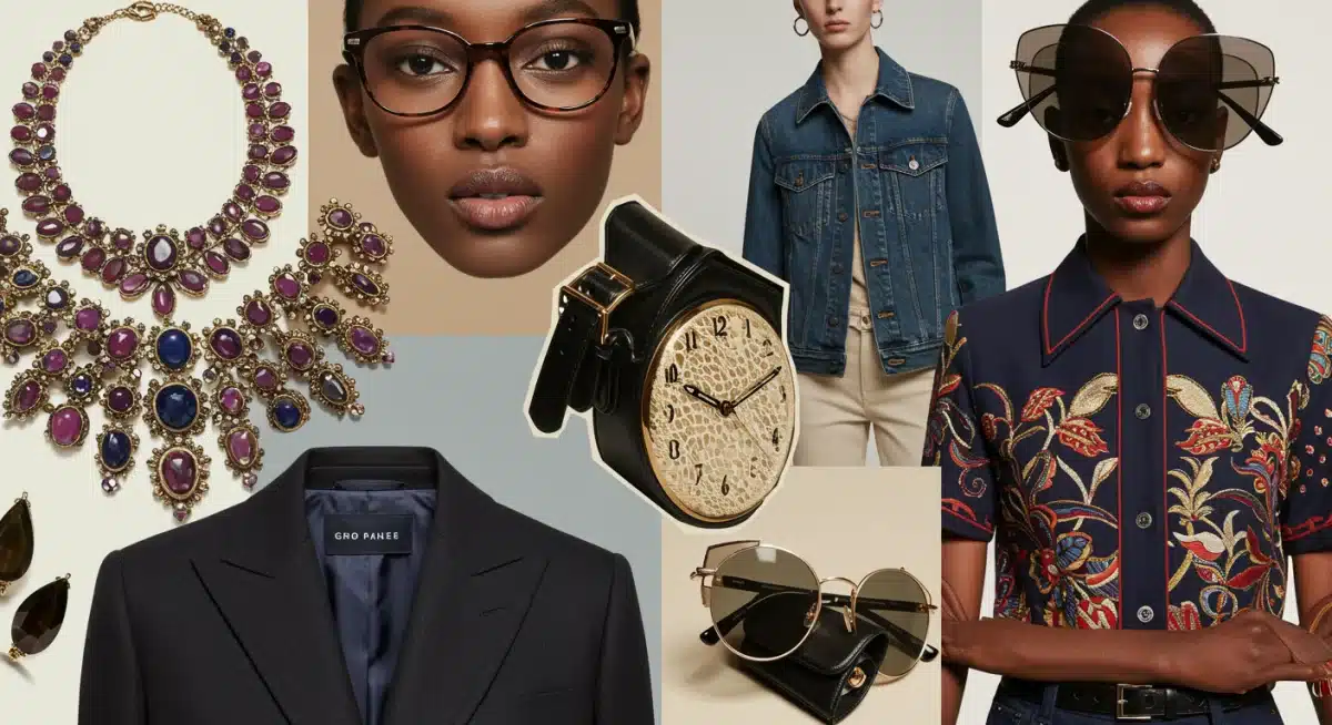 Curated fashion accessories and clothing representing strategic personal brand elements.