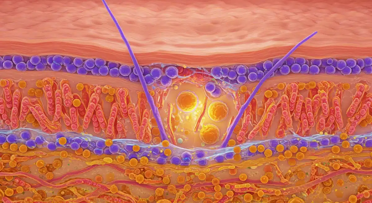 Microscopic view of healthy skin cells and collagen, depicting internal skincare benefits