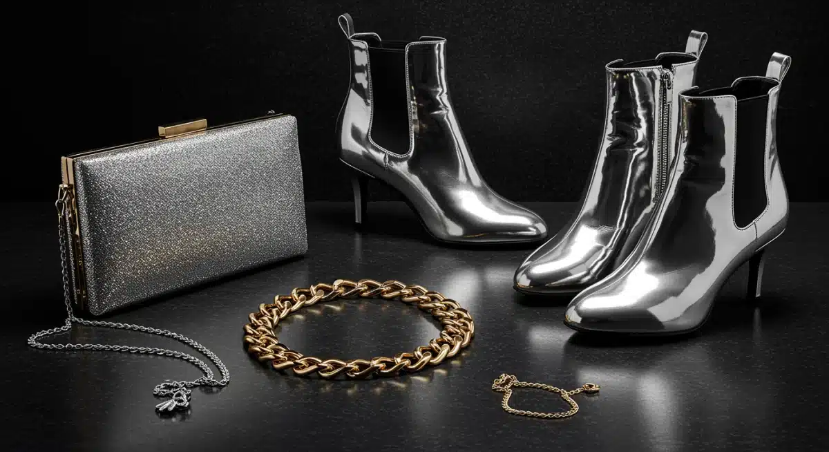Collection of metallic accessories like a silver clutch, gold necklace, and chrome boots for Fall 2026.