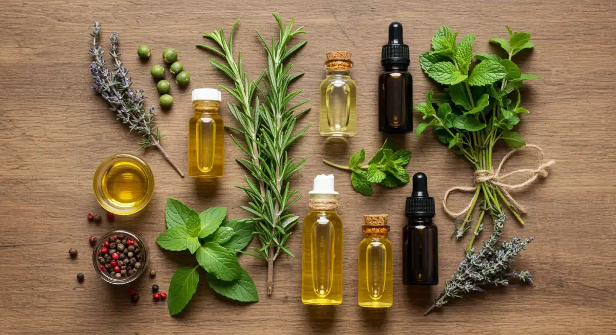 Selection of natural essential oils and herbs beneficial for scalp health and hair growth