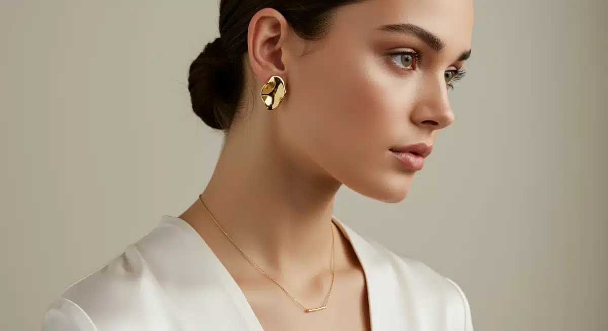 Minimalist sculptural gold earrings and delicate necklace representing quiet luxury