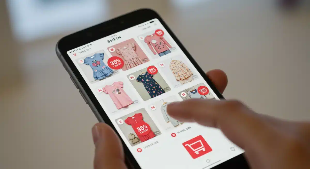 Smartphone screen showing Shein app with 35% off kids' clothing deals.