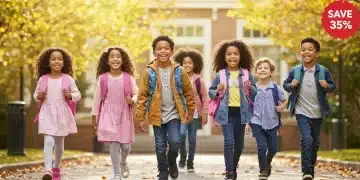 Diverse kids in stylish Shein back-to-school outfits walking to school, symbolizing savings.