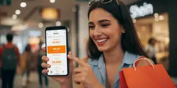 Woman smiling at phone with Shein wallet credits, smart shopping