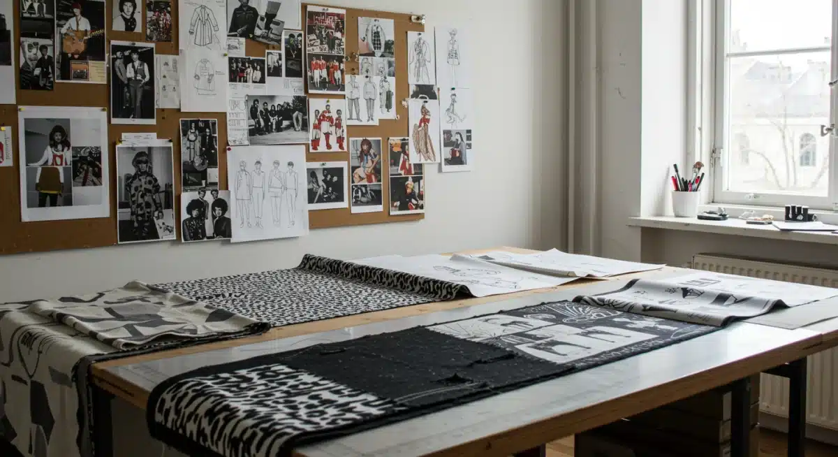 Fashion designer's studio blending vintage inspiration with modern design.