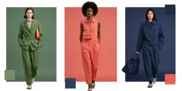 Stylishly dressed models in 2026 fashion color trends: muted green, energetic coral, deep indigo.
