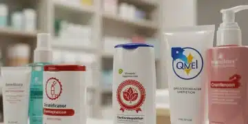 Variety of cosmetic labels with certification logos, signifying ethical and sustainable beauty products.