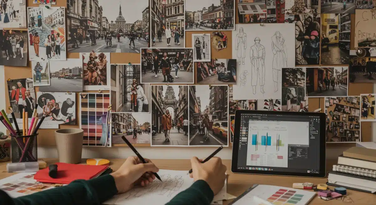 Fashion designer sketching in studio, incorporating urban street style and diverse influences.