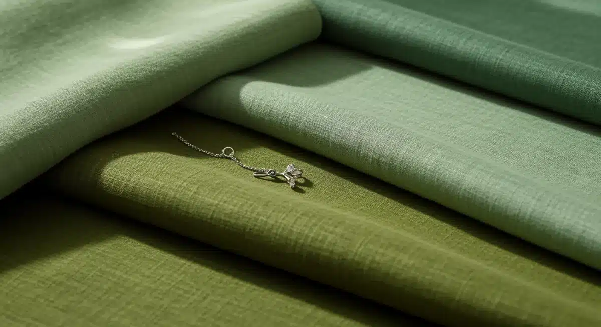 Luxurious fabrics in ethereal green shades like sage, olive, and moss, showcasing texture and drape.