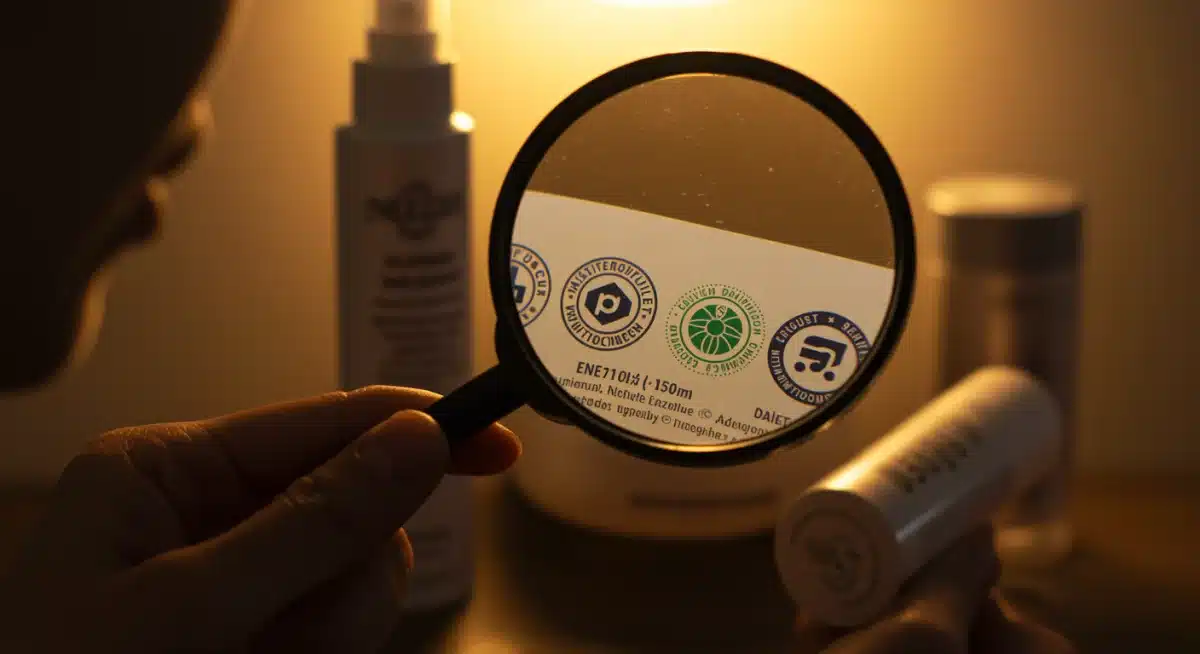 Consumer scrutinizing a cosmetic label for certification marks, emphasizing informed beauty choices.