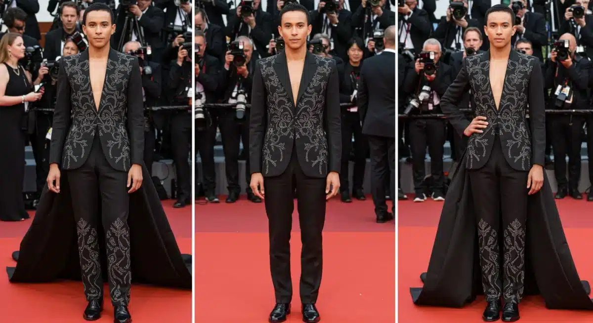 Gender-fluid celebrity in sustainable jumpsuit on red carpet