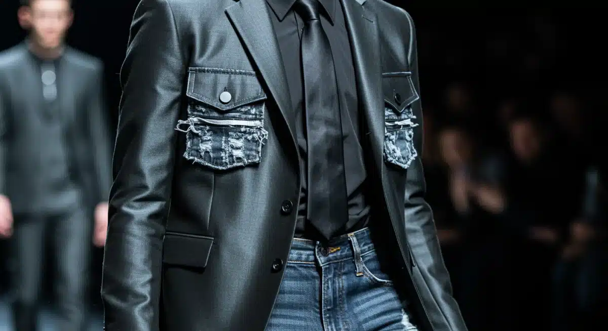 High fashion garment on runway showcasing street wear inspired details like utilitarian pockets.