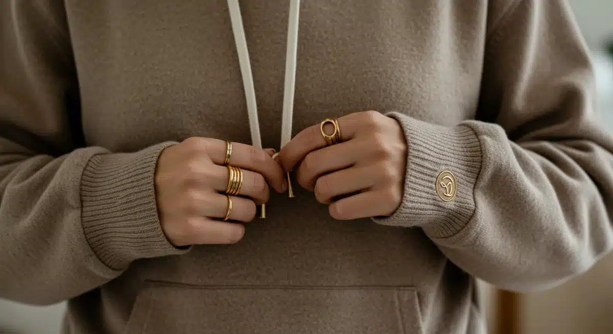 Close-up of hands with minimalist jewelry adjusting a luxurious cashmere athleisure hoodie