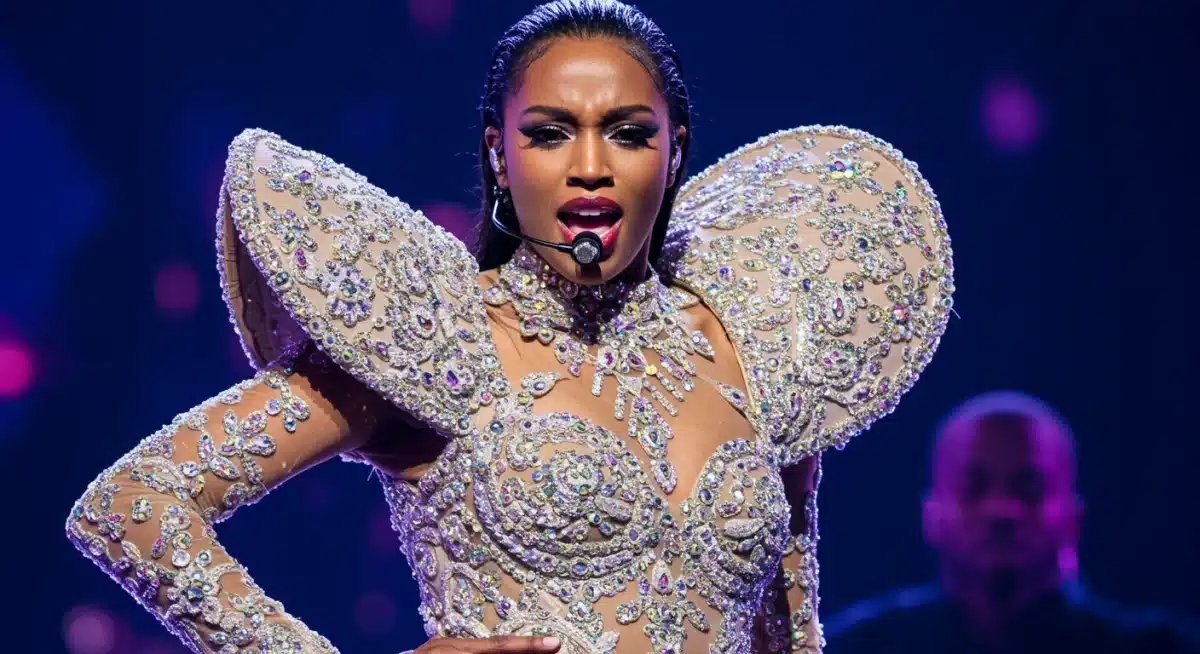 Pop star in a custom shimmering gown performing on stage, showcasing intricate details.