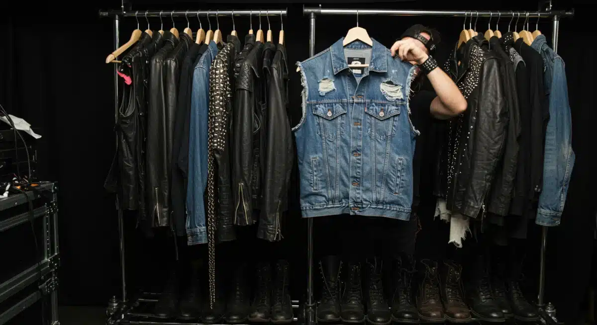 Rock legend's backstage wardrobe rack with custom leather jackets and accessories.