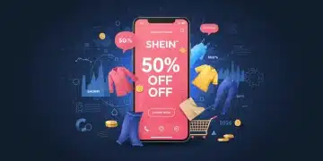 Shein app displaying a 50% off deal on a smartphone, surrounded by trendy clothes and shopping symbols, symbolizing big savings.