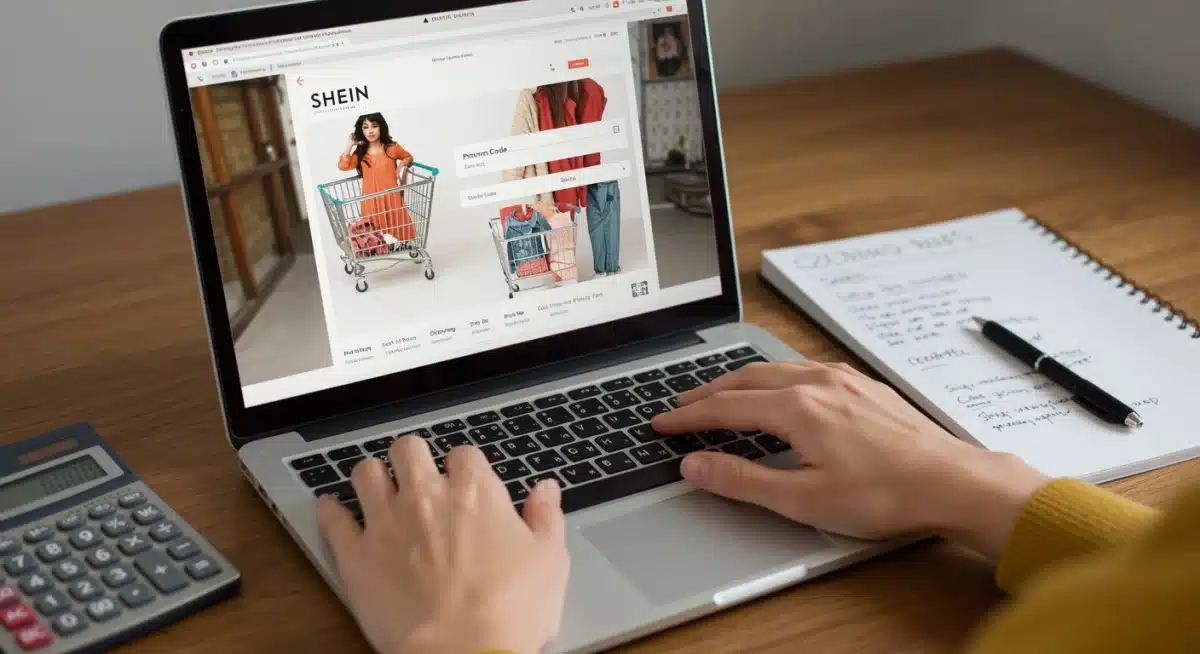 Strategic online shopping on Shein with a digital cart and promo code field