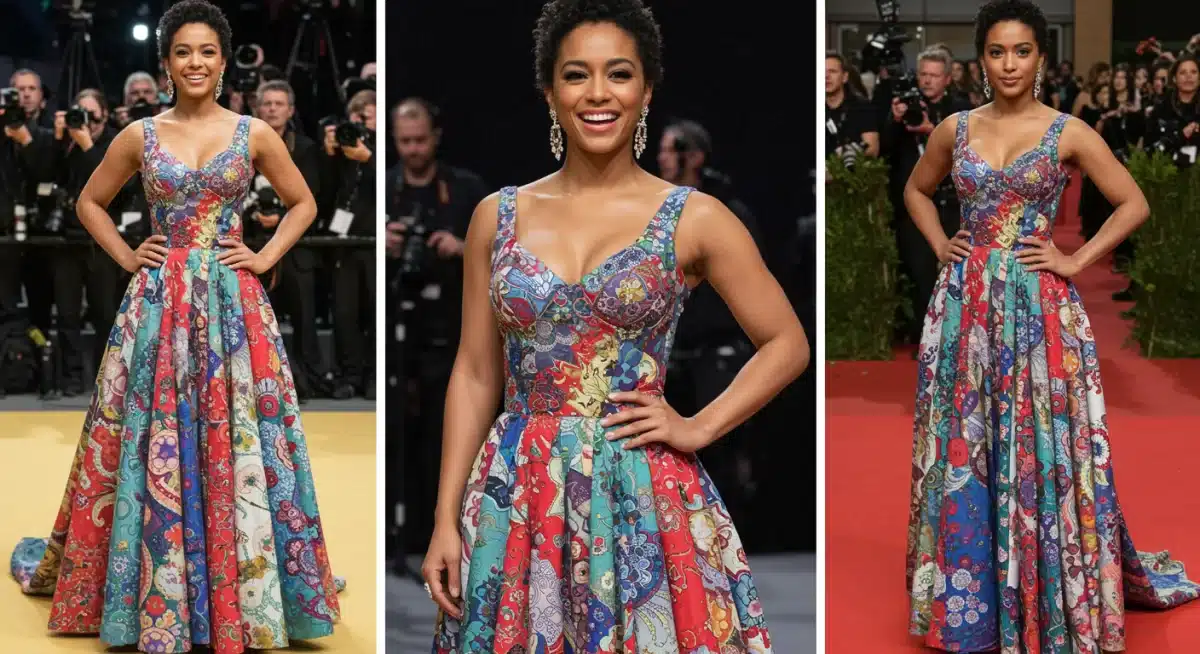 Celebrity in upcycled vibrant gown promoting sustainable fashion