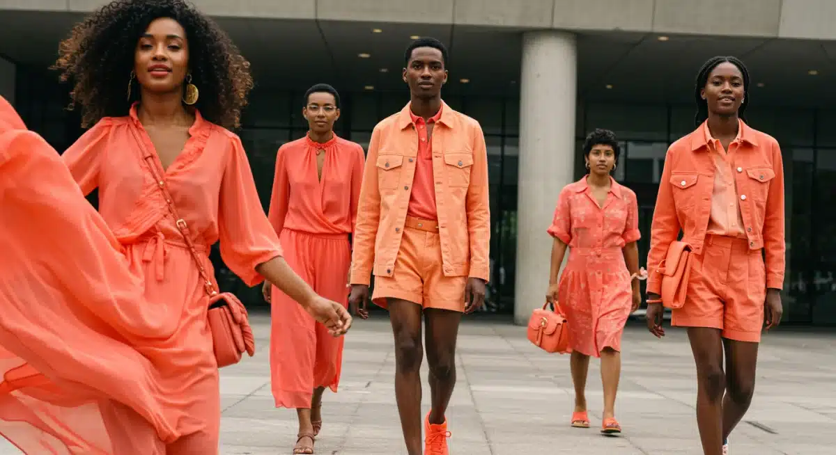 Street style fashion showcasing vibrant coral outfits and accessories in an urban setting.