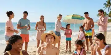 People applying advanced sun protection on a sunny beach day