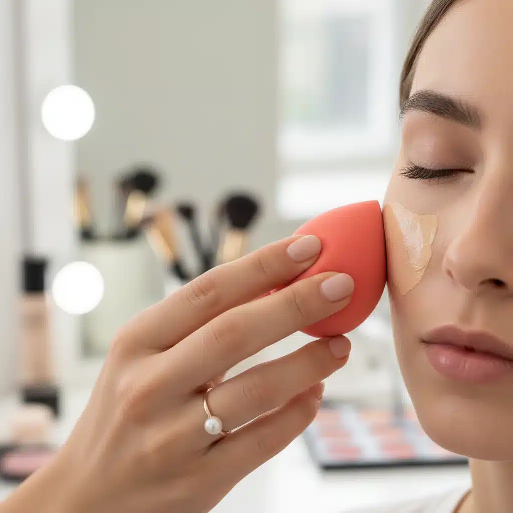 Makeup artist blending foundation with a beauty sponge