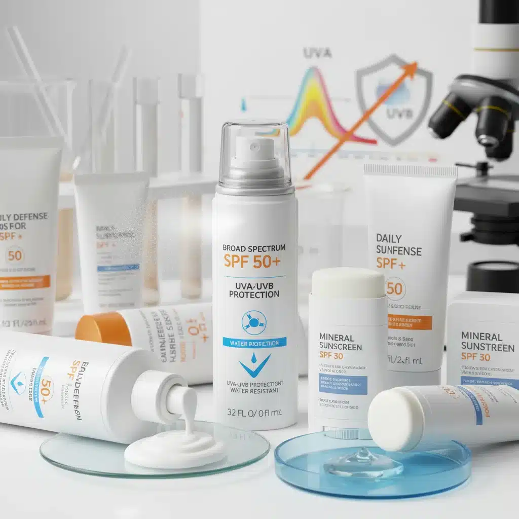 Assortment of broad-spectrum sunscreens with UVA UVB labels