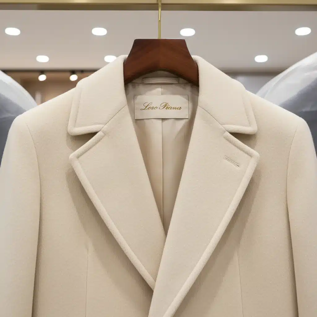 Close-up of a luxurious, impeccably tailored camel cashmere coat on a wooden hanger, highlighting rich texture.