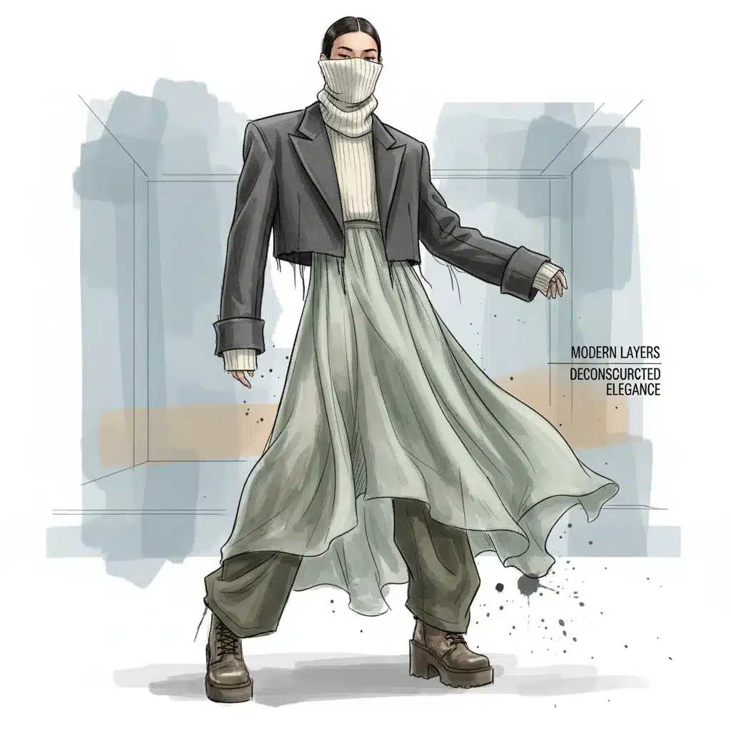 Deconstructed layered outfit with varied lengths