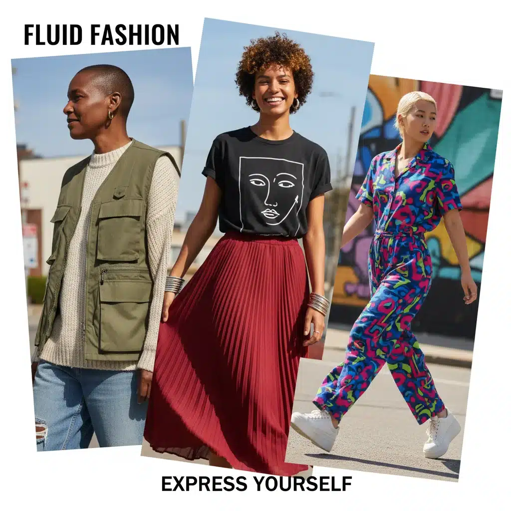 Diverse individuals expressing personal style through a collage of gender-fluid clothing, highlighting inclusivity.