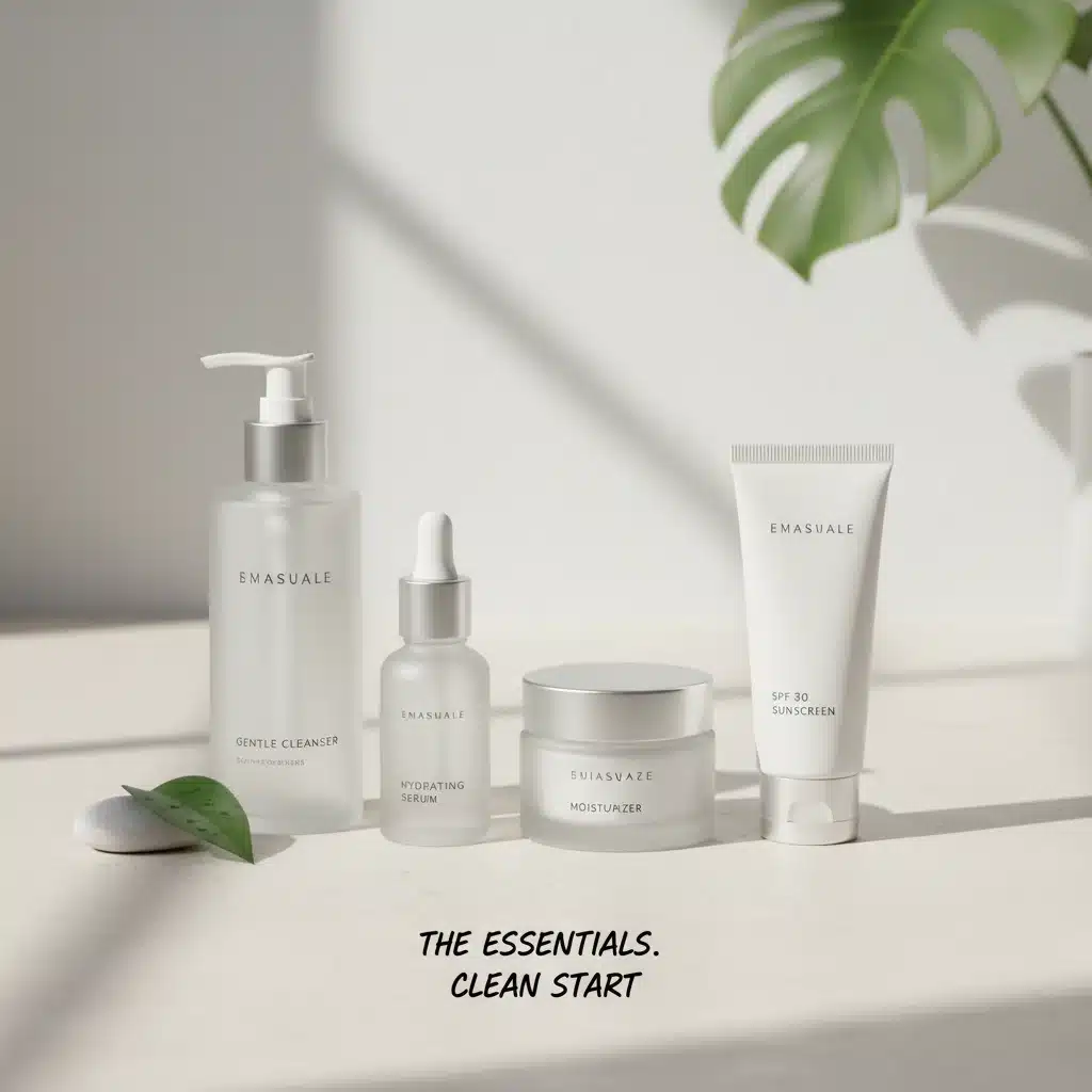 Essential minimalist skincare products for a clean girl routine.