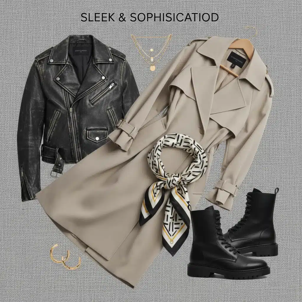 Fashion mood board with trench coat, leather jacket, silk scarf, and combat boots for style inspiration.