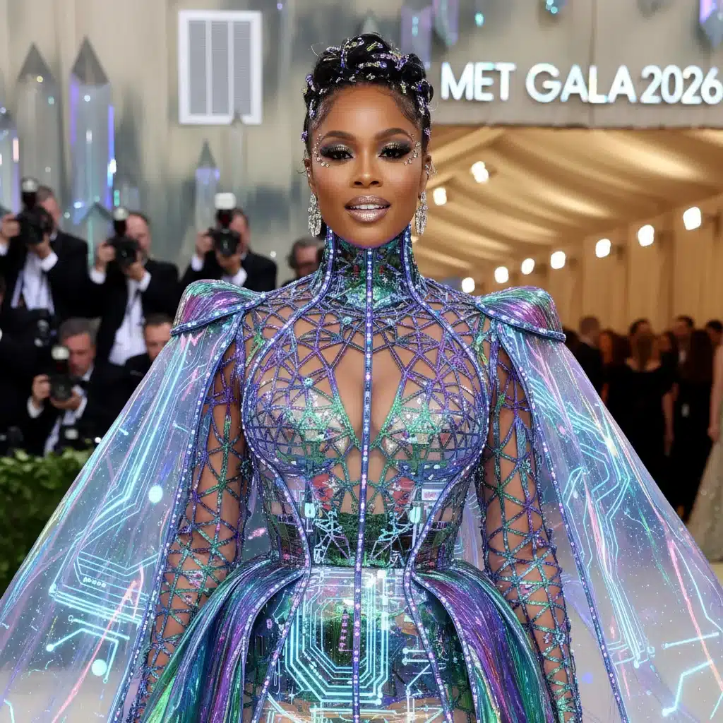 Celebrity in futuristic iridescent gown showcasing tech-infused textiles at 2026 Met Gala.
