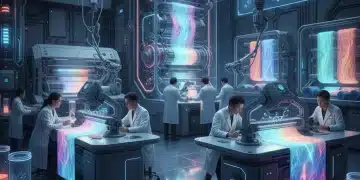 Futuristic textile lab with glowing fabrics and scientists