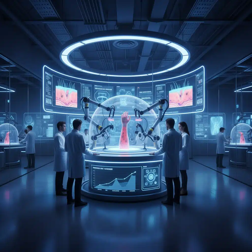 Scientists researching advanced UV protection in a futuristic lab