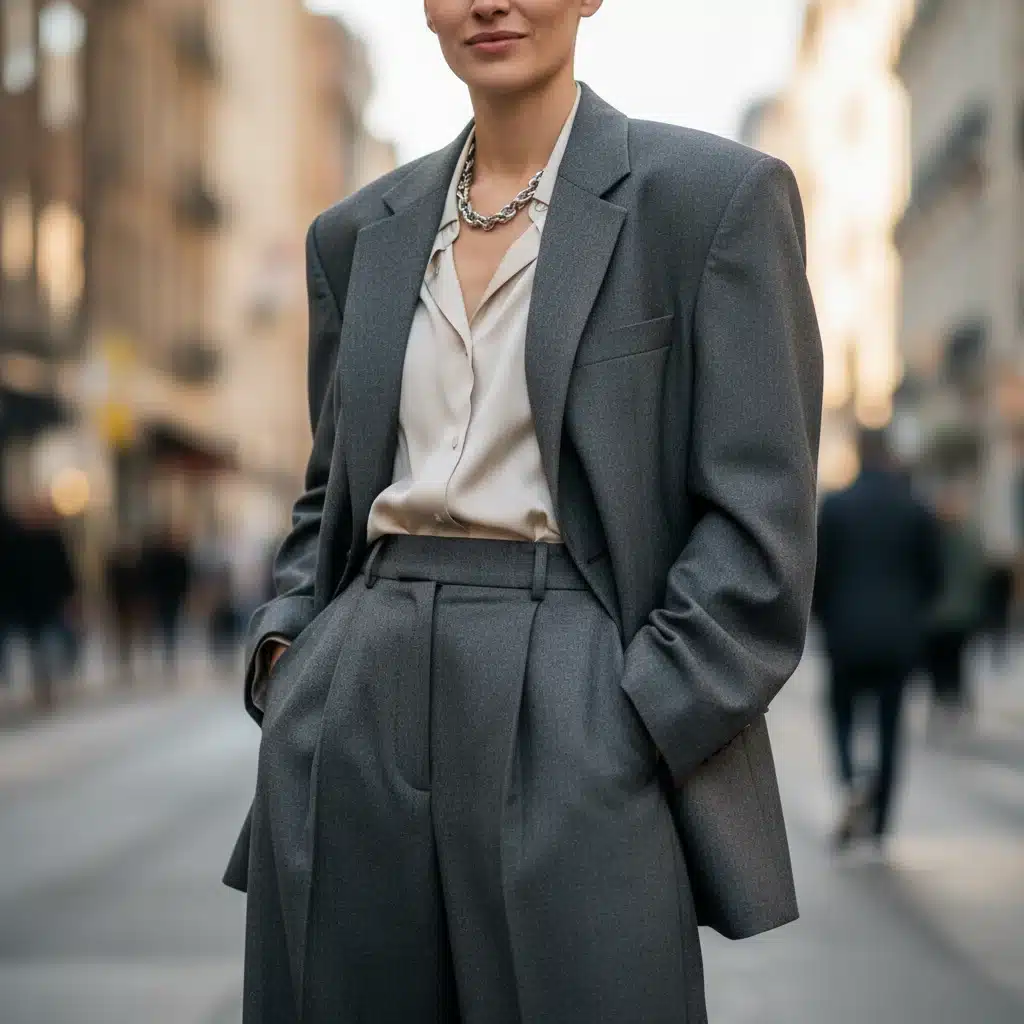 Person confidently wearing a tailored, gender-neutral blazer and trousers in an urban setting, embodying fluid fashion.