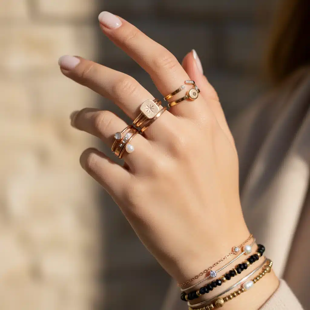 Model wearing layered mixed-metal rings and a delicate bracelet, illustrating personalized jewelry trend for Spring 2026.