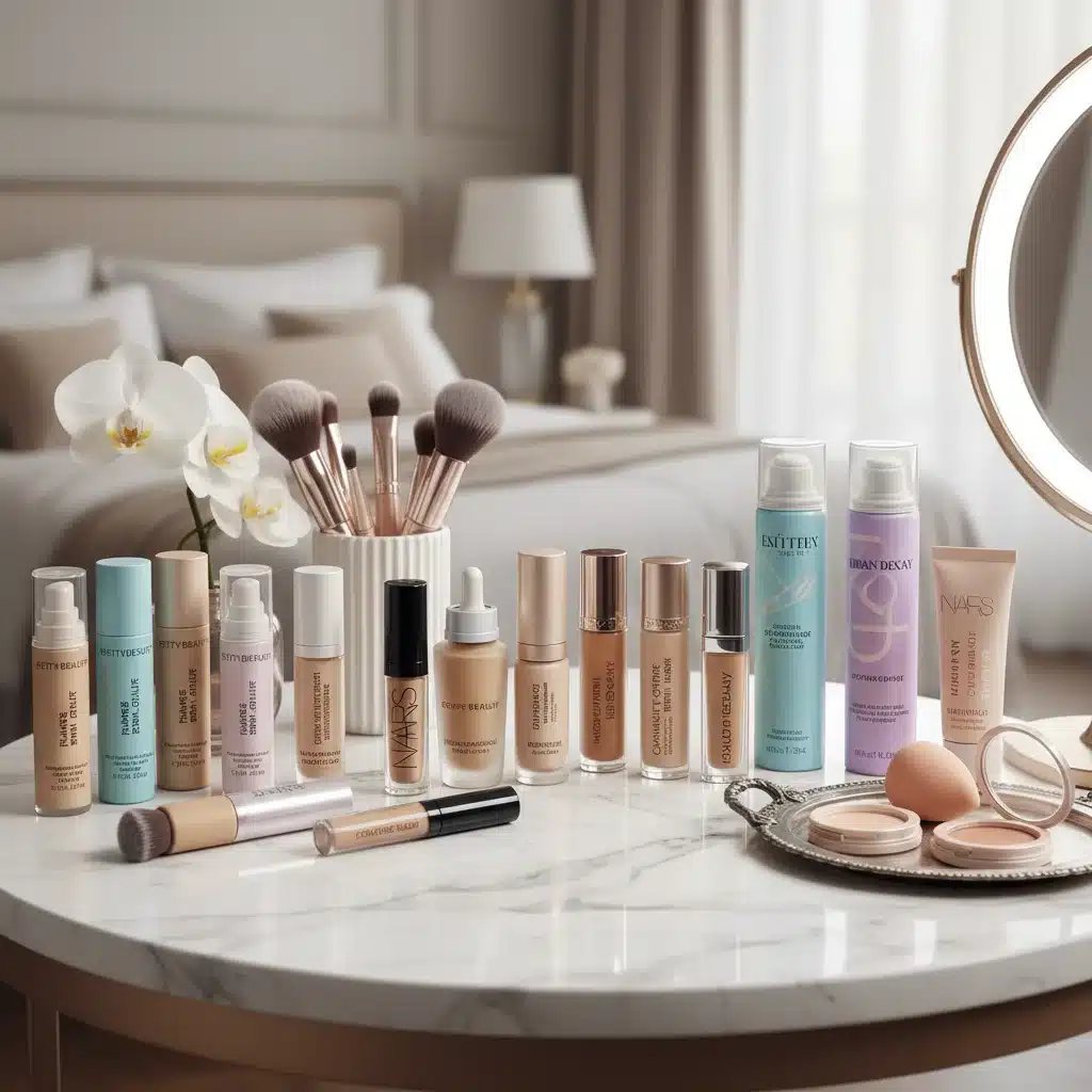 Selection of makeup primers, foundations, concealers, and setting sprays