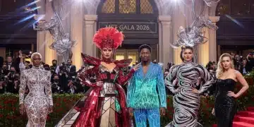 Celebrities arriving at the 2026 Met Gala red carpet in avant-garde fashion, setting new trends.