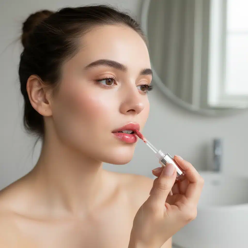 Woman applying tinted lip balm for a natural, clean girl makeup look.